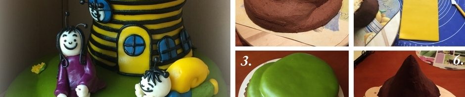 Bogyó és Babóca torta  - sima piskóta,  ganache krém, marcipán figurák és burkolás